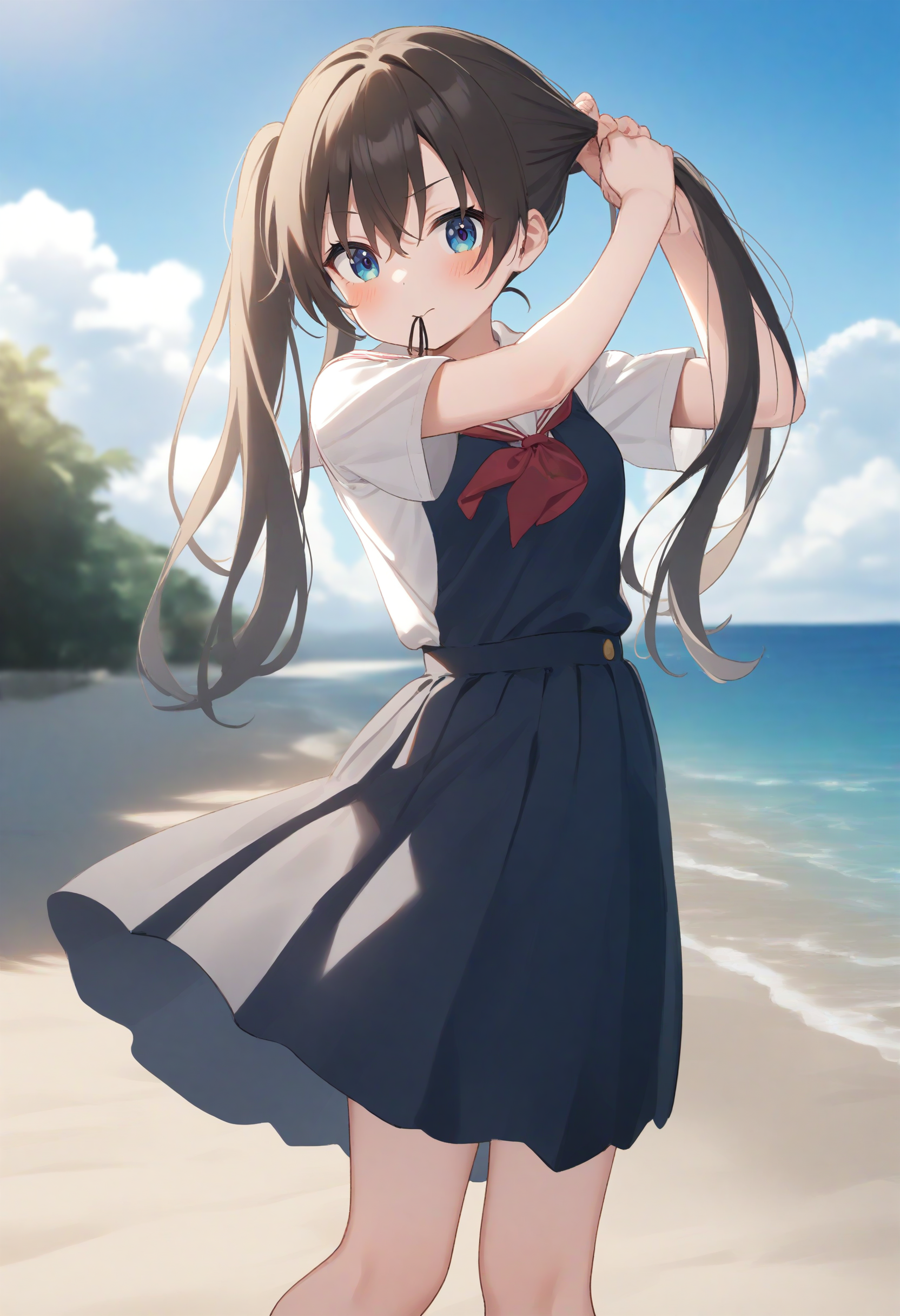 1girl,sincos, ningen mame, toosaka asagi,solo,medium breasts,school uniform,
tying hair,twintails,<lora:tyinghairtwintails_XL_v1:0.8>
from behind, feet out of frame, looking to the side, brown hair, blue eyes,blush, roads in the beach, closed mouth,
best quality, very aesthetic, absurdres