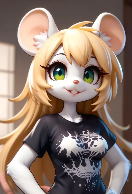 score_9, score_8_up, score_7_up, source_furry, FMW1, fluffy, painterly, vibrant details, indoors, Chloe, 1girl, solo, (medium breasts:2), long hair, blonde hair, animal ears, (green eyes, gradient eyes:1.5), furry female, mouse ears, mouse girl, mouse tail, body fur ,white fur, bangs, animal nose, buck teeth, 
upper body, headshot, long eyelashes, wide smile, parted lips, violet print t-shirt, hands on hip, looking at viewer