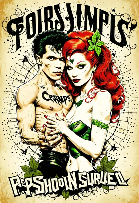 score_9, score_8_up, score_7_up, score_6_up, score_5_up, <lora:bp4rtXLP:1> bp4rt, Tshirt_design, (2_people_centre), 1_male, 1_female ((Lux Interior and Poison Ivy; the Cramps)) psychobilly artwork featuring musicians ((Lux Interior)) ((The Cramps logo)) ((poison Ivy)), <Lux_Interior_Poison_Ivy_the_Cramps>, perfect hands, faded grainy scratched splash, image edge faded splash border, portrait angle, psychobilly_rockabilly_vintage, comic illustration T-shirt Designescalating terror; a chilling sequence crafted by the master of horror, director James Wan, with spine-tingling VFX from Patrick Tubach <lora:Vector cartoon illustration-000008:1>