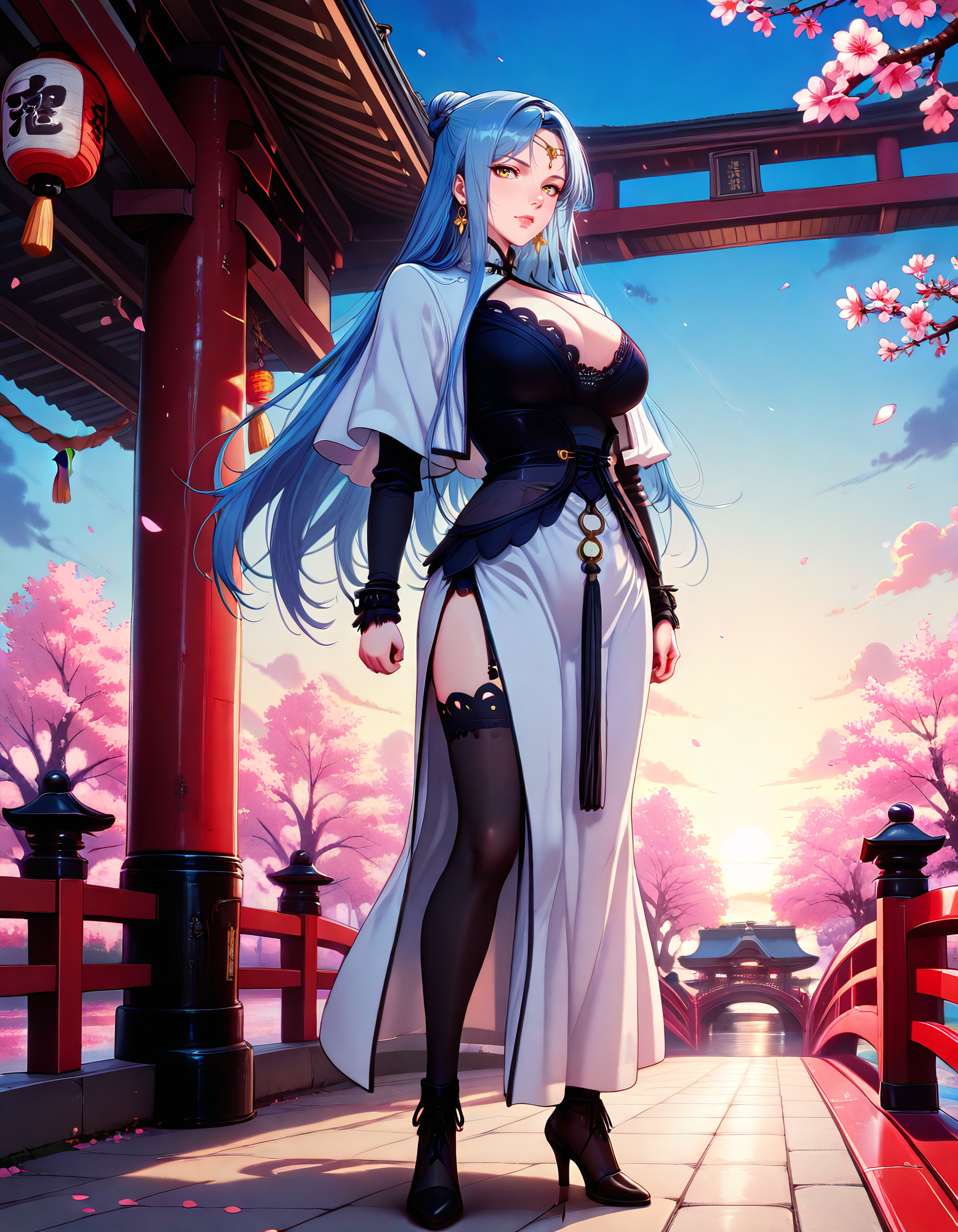 Smooth Quality <lora:ophelia_IL:1> ophelia, long hair, blue hair, single hair bun, mature female, circlet, yellow eyes, large breasts, jewelry, sidelocks, earrings, rope bondage, gag, cuffs, thighhighs, 1girl, bare_tree, blue_sky, bridge, cherry_blossoms, closed_mouth, cloud, full_body, hand_on_own_hip, high_heels, looking_at_viewer, rope, shimenawa, sky, solo, standing, tree, evening_shrine_lanterns, petals_drifting_in_twilight, flickering_light, ambient_aura, quiet_festival_feel, gentle_pose, (lirseven:1.2),, <lora:PinkieRetroCybercoreIL:1> pinkretrocybercore, retro, detailed eyes, detailed face, detailed skin <lora:DetailedEyes_V3:1> <lora:cfg_scale_boost:0.7> <lora:SkindentationIL3.4_alpha16.0_rank32_full_400steps:3> <lora:Crazy_Btch_-_Psychopath_expression:1> psych0path