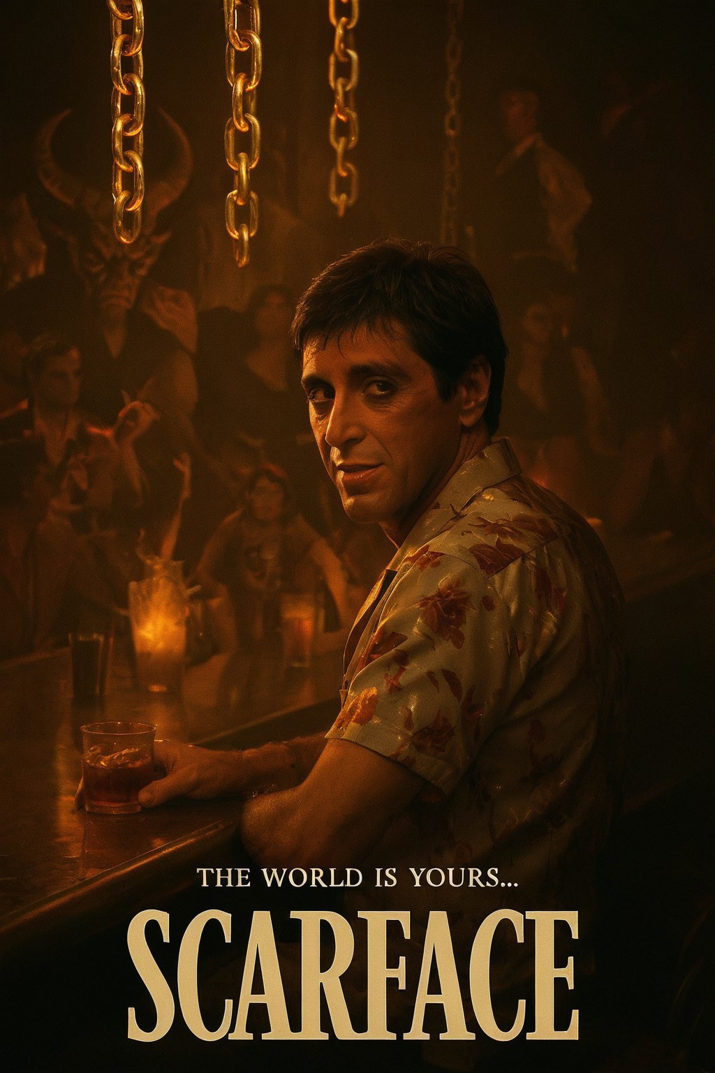 cinematic poster, Tony Montana seated at a long infernal bar, open floral shirt illuminated by overhead glowing gold chains, half-turned to camera with a sardonic smirk, medium shot, over-shoulder angle, background: demon bartenders pouring molten drinks, mood of retro swagger mixed with moral rot, warm tungsten lighting contrasted by deep shadows, color theme of tawny amber, oxidized brass, and ash gray, style reference Goodfellas’ dynamic group stills reimagined in Hell, "SCARFACE", “THE WORLD IS YOURS…”
