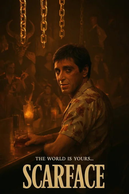 cinematic poster, Tony Montana seated at a long infernal bar, open floral shirt illuminated by overhead glowing gold chains, half-turned to camera with a sardonic smirk, medium shot, over-shoulder angle, background: demon bartenders pouring molten drinks, mood of retro swagger mixed with moral rot, warm tungsten lighting contrasted by deep shadows, color theme of tawny amber, oxidized brass, and ash gray, style reference Goodfellas’ dynamic group stills reimagined in Hell, "SCARFACE", “THE WORLD IS YOURS…”
