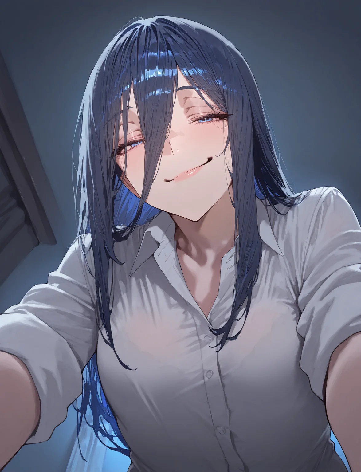 perfect quality, best quality, masterpiece, 1girl, solo,
pov, from below, bedroom, taker pov, dark, night, indoors,
white shirt, open collar, sleeves rolled up, small breasts, mature female,
<lora:yukineshinogaki-03:1> yukineshinogaki, dark blue hair, light blue eyes, smirk
 <lora:TRT(Illust)0.1v:0.7>