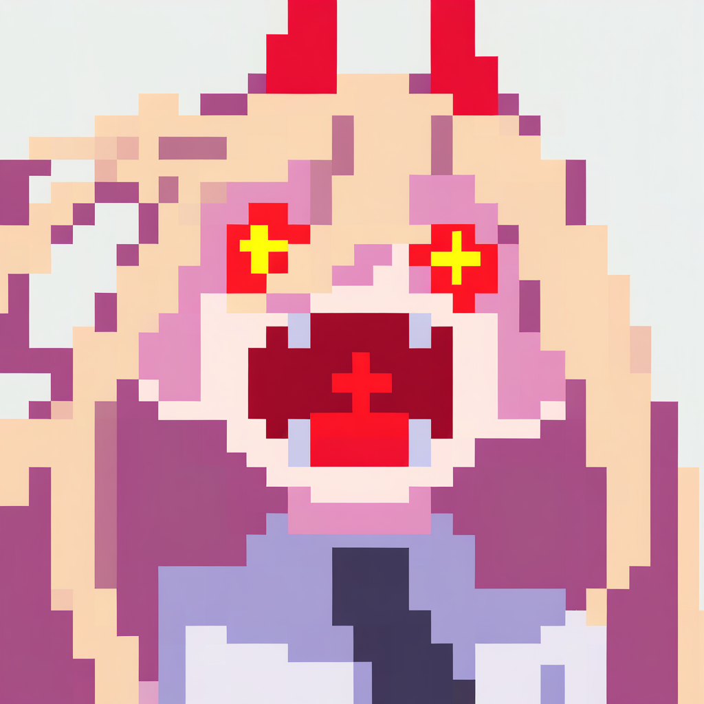 best quality, amazing quality, very aesthetic, absurdres,
icon, pixel,
1girl, power \(chainsaw man\), pink hair, blonde hair, red horns, red eyes, cross-shaped pupils, long hair, sharp teeth, hair between eyes, symbol-shaped pupils,
collared shirt, black necktie, long sleeves,
looking at viewer, white shirt, open mouth,
simple background, white background, smile, upper body,    <lora:RagnarokIconNoobXL_byKonan:1>
