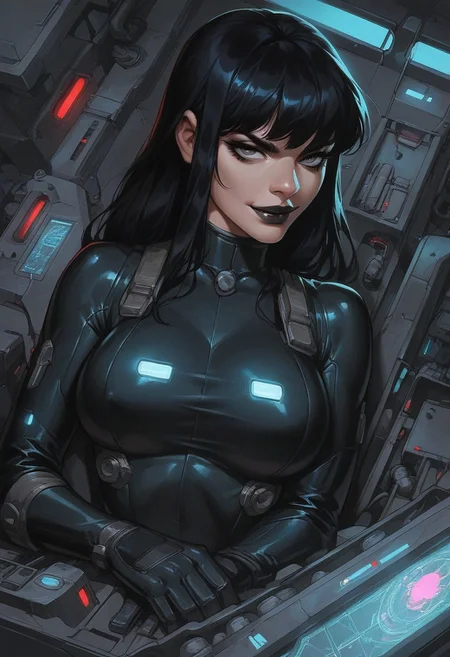 score_9, score_8_up, score_7_up, score_6_up, gundamwingcockpit, futuristic, scifi, plugsuit, transparent latex, goth, dark lips, large breasts, solo, black hair, gloves, g0thicPXL, dutch angle, smirk, controls, joystick, holographic interface, technology, close up, glowing, neon