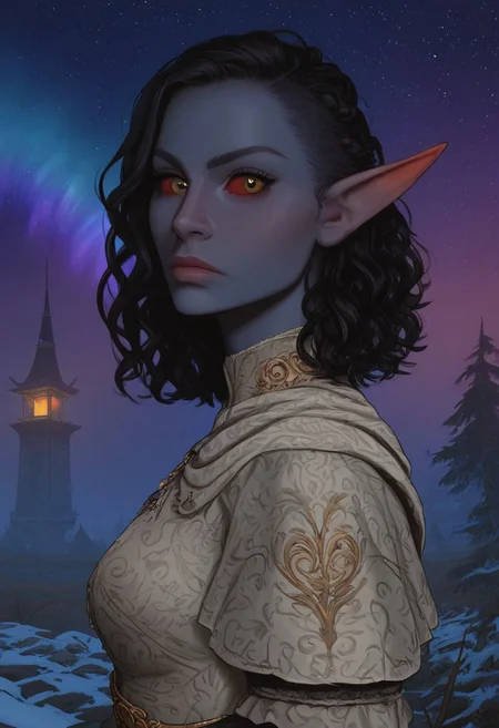 solo, medium pointy ears, nord woman, random elf face, Iraqi features, dark elf, animated realism, torso, tundra, watchtower, tents, distant pine trees, grey-blue skin, scarlet and gold clothes, red sclera, black pupils, stream, distant mountains, aurora, night sky, blue-green light, neon, stars, highly detailed, defined features, looking at viewer, three quarters view, from side, dynamic lighting, 36 years old, light and shadows, black and silver clothes, dusk, paisley doublet, determined expression, expressive eyes, detailed medieval clothes, medium_breasts, medium hair, wavy hair, thick hair, braided hair, under cut hair, semirealistic, alien elf, spanish features, jewish features, black hair, dark red hair, umber skin, sharp features, linen cloak, nighttime, high detail, absurdres, pretty eyes, detailed eyes, yellow eyes,