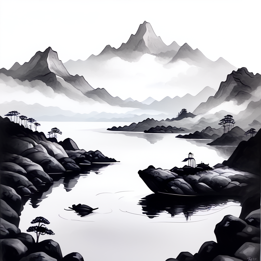 core_9, score_8_up, score_7_up, score_6_up, <lora:Zen_Ink_Wash_Sumi-e:1>  ArsMJStyle, Zen Ink Wash Sumi-e, A small fishing boat on a calm lake with mountains in the distance, monochrome, greyscale, white background, tranquil, traditional media, ink, nature, solo, landscape.