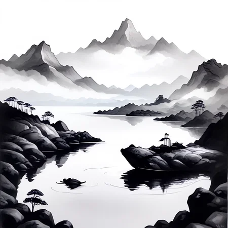 core_9, score_8_up, score_7_up, score_6_up, <lora:Zen_Ink_Wash_Sumi-e:1> ArsMJStyle, Zen Ink Wash Sumi-e, A small fishing boat on a calm lake with mountains in the distance, monochrome, greyscale, white background, tranquil, traditional media, ink, nature, solo, landscape.