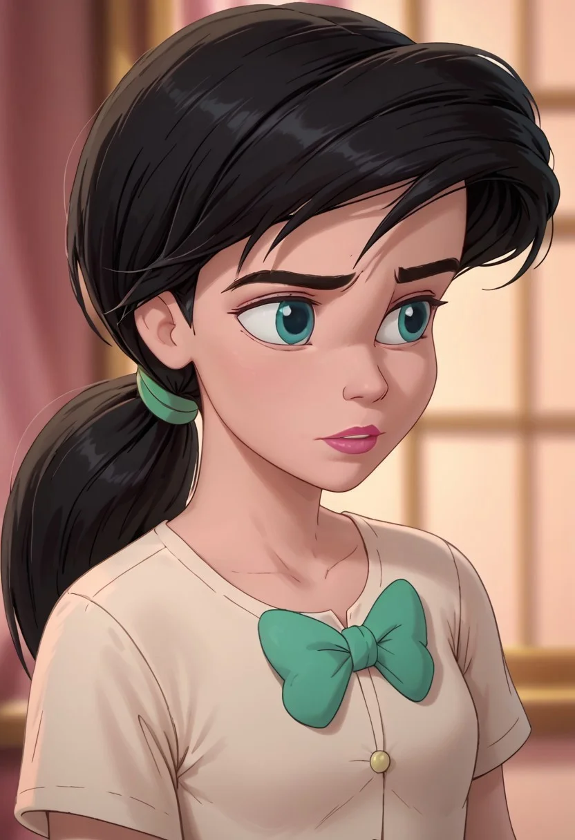 score 9, score 8, score 7, MelodyLM, 1girl, solo, melody, aqua eyes, black hair, ponytail, pink lips, lips, lipstick, makeup, thick eyebrows, human, white undershirt, white green bowtie, green hairband, portrait, upper body, masterpiece, highres,