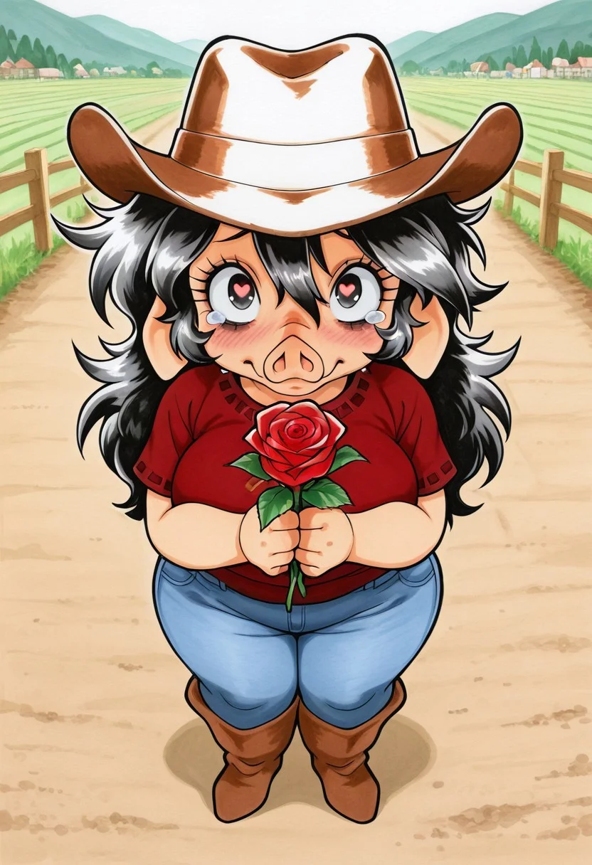 羊力 artstyle, <lora:noobai_ep11_stabilizer_v0.114_fp16:0.35>, <lora:ponyv6_vpred6:0.3>, <lora:tenebriflora-wai:0.7>, traditional media, break, pink skin, pig girl, snout, bags under eyes, black eyes, big eyes, black hair, long messy hair, bangs, black lips, short stack, break,
Red shirt, blue jeans, cowboy hat, looking up at viewer, holding roses, tears, happy, blushing, standing,
masterpiece, best quality, amazing quality, farm background, heart eyes,