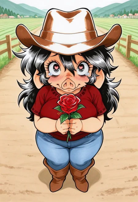 羊力 artstyle, <lora:noobai_ep11_stabilizer_v0.114_fp16:0.35>, <lora:ponyv6_vpred6:0.3>, <lora:tenebriflora-wai:0.7>, traditional media, break, pink skin, pig girl, snout, bags under eyes, black eyes, big eyes, black hair, long messy hair, bangs, black lips, short stack, break,
Red shirt, blue jeans, cowboy hat, looking up at viewer, holding roses, tears, happy, blushing, standing,
masterpiece, best quality, amazing quality, farm background, heart eyes,