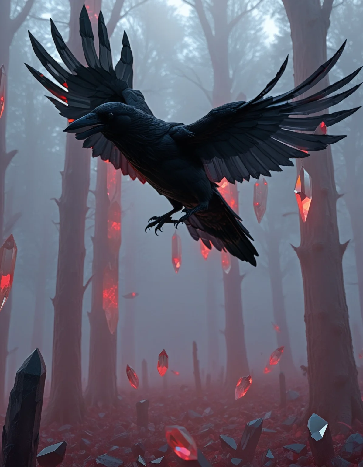 rp_slgd, illustration of a crow flying through a forest, trees, claws, beak, misty morning, sunny, foggy, crystal, glow, eerie <lora:zzz_trained\xl_rpr_soulgemmed_v1>