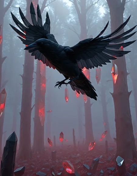 rp_slgd, illustration of a crow flying through a forest, trees, claws, beak, misty morning, sunny, foggy,  crystal, glow, eerie  <lora:zzz_trained\xl_rpr_soulgemmed_v1>