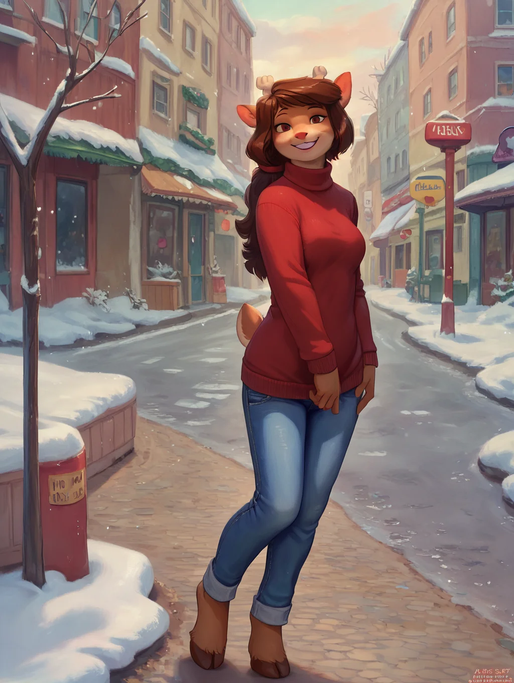 score_9, score_8_up, score_7_up, score_6_up, <lora:Rue_Minuscule_Task_PDXL_v2:1> ruetmt, red sweater, small breasts, blue jeans, jeans, smile, outside, snow, street, half-closed eyes, standing, detailed background, looking at viewer,