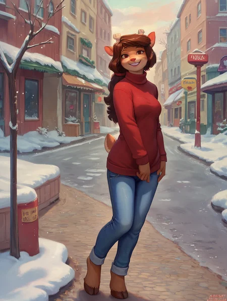 score_9, score_8_up, score_7_up, score_6_up, <lora:Rue_Minuscule_Task_PDXL_v2:1> ruetmt, red sweater, small breasts, blue jeans, jeans, smile, outside, snow, street, half-closed eyes, standing, detailed background, looking at viewer,