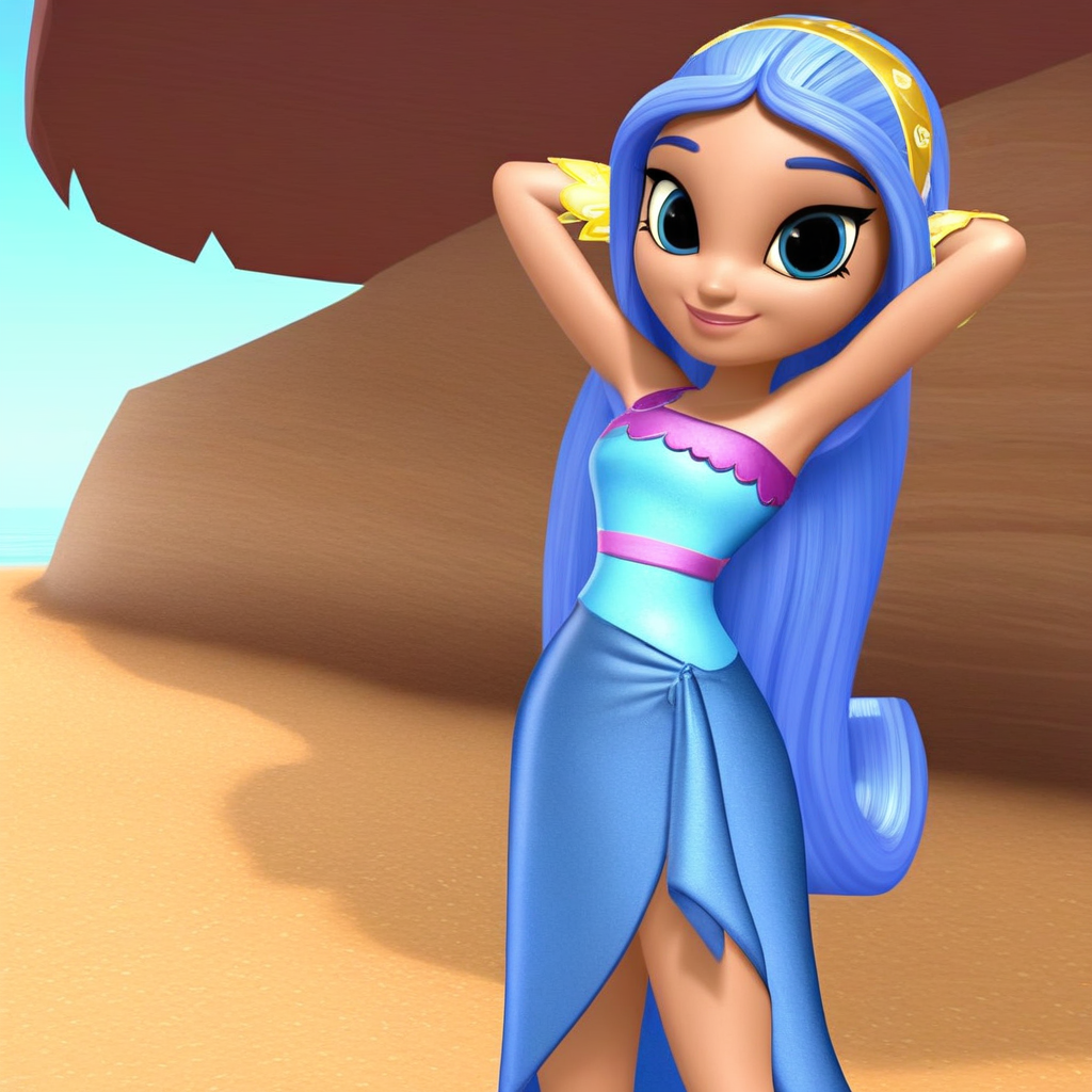 score_9, solo, gigi_sh, 1girl, blue hair, long hair, hairband, blue eyes, dress, wristband, smile, arms behind head, looking at viewer, beach, natural lighting