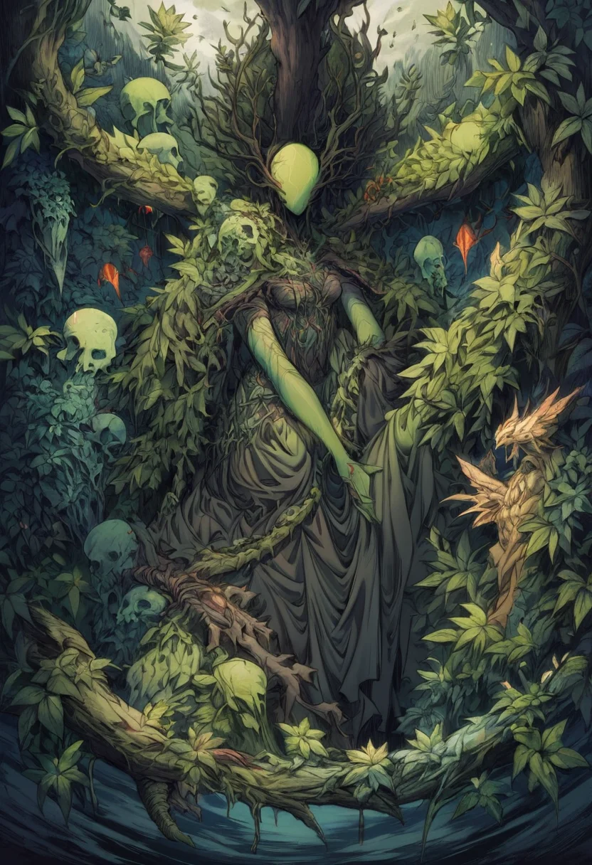 the planet’s mother, once dormant in her earthen bed, now lay with burden of the planet’s dread. Vines and foliage once beautiful and green, now rotting and withered and have lost all their sheen