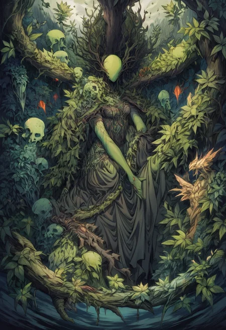 the planet’s mother, once dormant in her earthen bed, now lay with burden of the planet’s dread. Vines and foliage once beautiful and green, now rotting and withered and have lost all their sheen