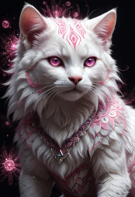 Magical creature, adorable white cat, hyper realistic, glowing pink tribal patterns on the fur, pink eyes, abstraction,  shading, bold, 3D, UHD, multidimensional, deep fractal, etched shapes, dark, close-up, sparkling pink particles, 8k award winning, portrait, looking at viewer