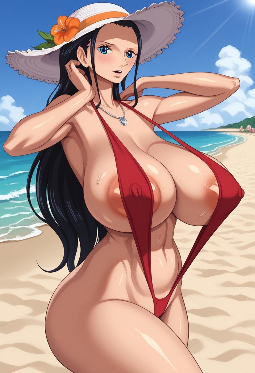 1girl, solo, rem9, standing, nico_robin_at_35_years_old, long_hair, 35_years_old, blue_eyes, black_hair, elongated_body, wide_hips, long_legs, curvy, slim_narrow_waist, tall, larger_female, long_neck, long_breasts, elongated_breasts, hair slicked back, elongated_body, puffy nipples, thick_thighs, huge_breasts, mature_female, large areolae, nipple bulge, beach, provocative pose, black_sling_bikini_with_multiple_white_symbols, sun hat, navel, cleavage, jewelry, necklace, high_heeled_beach_sandals. full body, side view, intricate details, ultra detailed, 8k, cinematic, masterpiece, huge ass, easynegative, ng_deepnegative_v1_75t