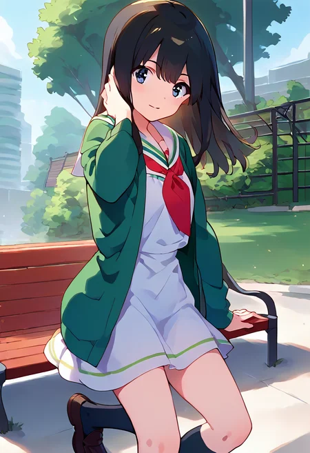 score_9,score_8_up,score_7_up,source_anime,zPDXL3,park,park bench,tree,
*//*,<lora:ShimadaMayu-v1.0:1.0>,shimadamayu_wug,1girl,solo,blue eyes,long hair,black hair,black socks,white dress,short dress,shoes,brown footwear loafers,sailor collar,green jacket,open clothes,clothing cutout,(red neckerchief:0.8),
*//*,looking at viewer,cowboy shot,dutch angle,dynamic pose,