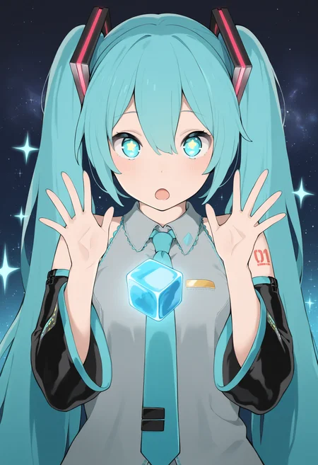 masterpiece,best quality,amazing quality,
1girl, solo, hatsune miku, long hair, necktie, twintails, detached sleeves, upper body, shirt, star (symbol), blue eyes, looking at viewer, sleeveless, sleeveless shirt, blue necktie, glowing, blue hair, very long hair, bare shoulders, sparkle, tattoo, cube, black sleeves, grey shirt, hair ornament, collared shirt, bangs, open mouth, :o, hair between eyes, shoulder tattoo, aqua hair, hands up, aqua eyes,
<lora:Irotenya:1> <lora:cutepussy:1>