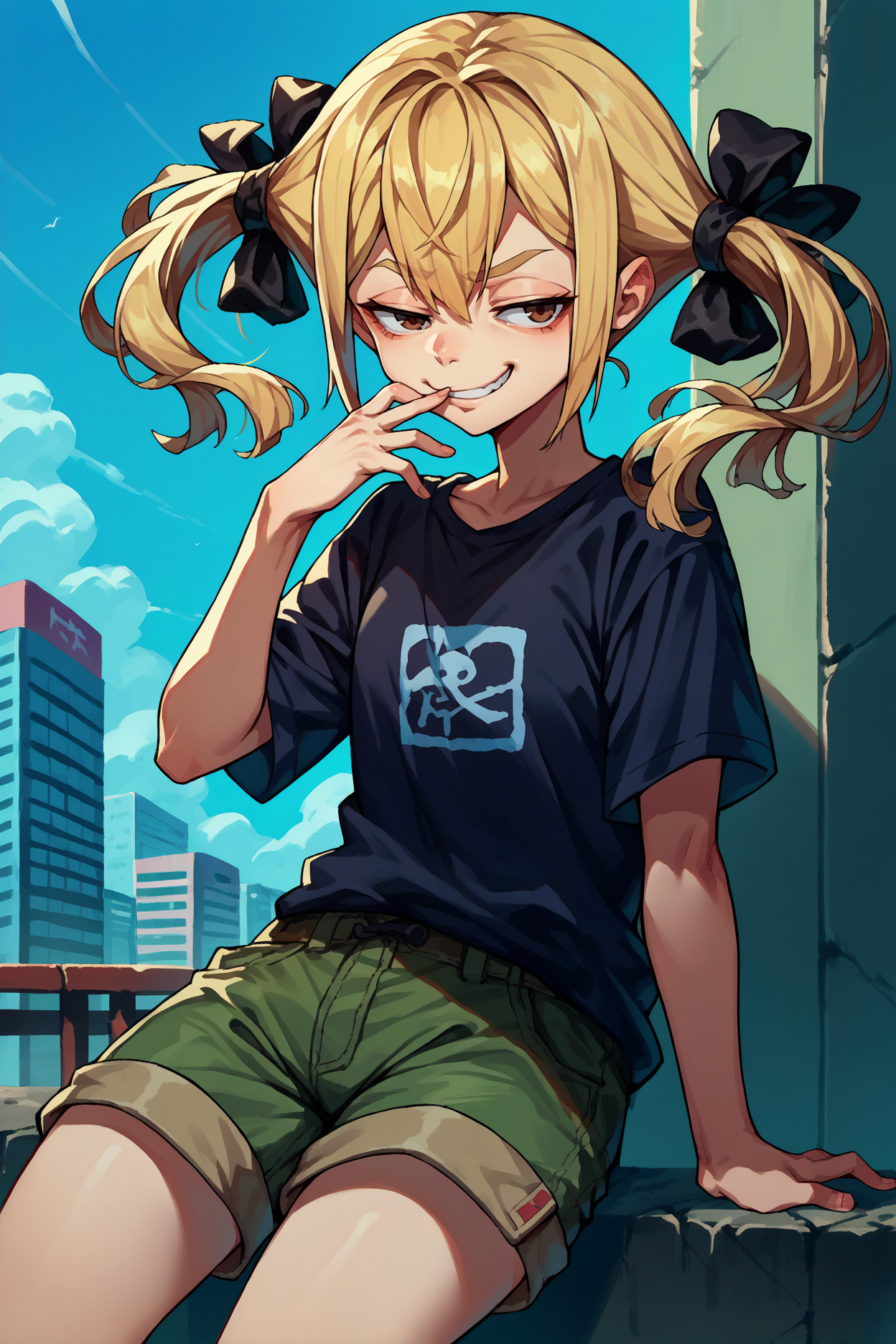 score_9, score_8_up, score_7_up, score_6_up, source_anime, 1girl, solo,  <lora:rnfrau-pdxl-nvwls-v1-000005:1> rnFrau, blonde hair, twintails, brown eyes, hair ribbon, black t-shirt, cargo shorts, smug, hand to own mouth, blue sky, city