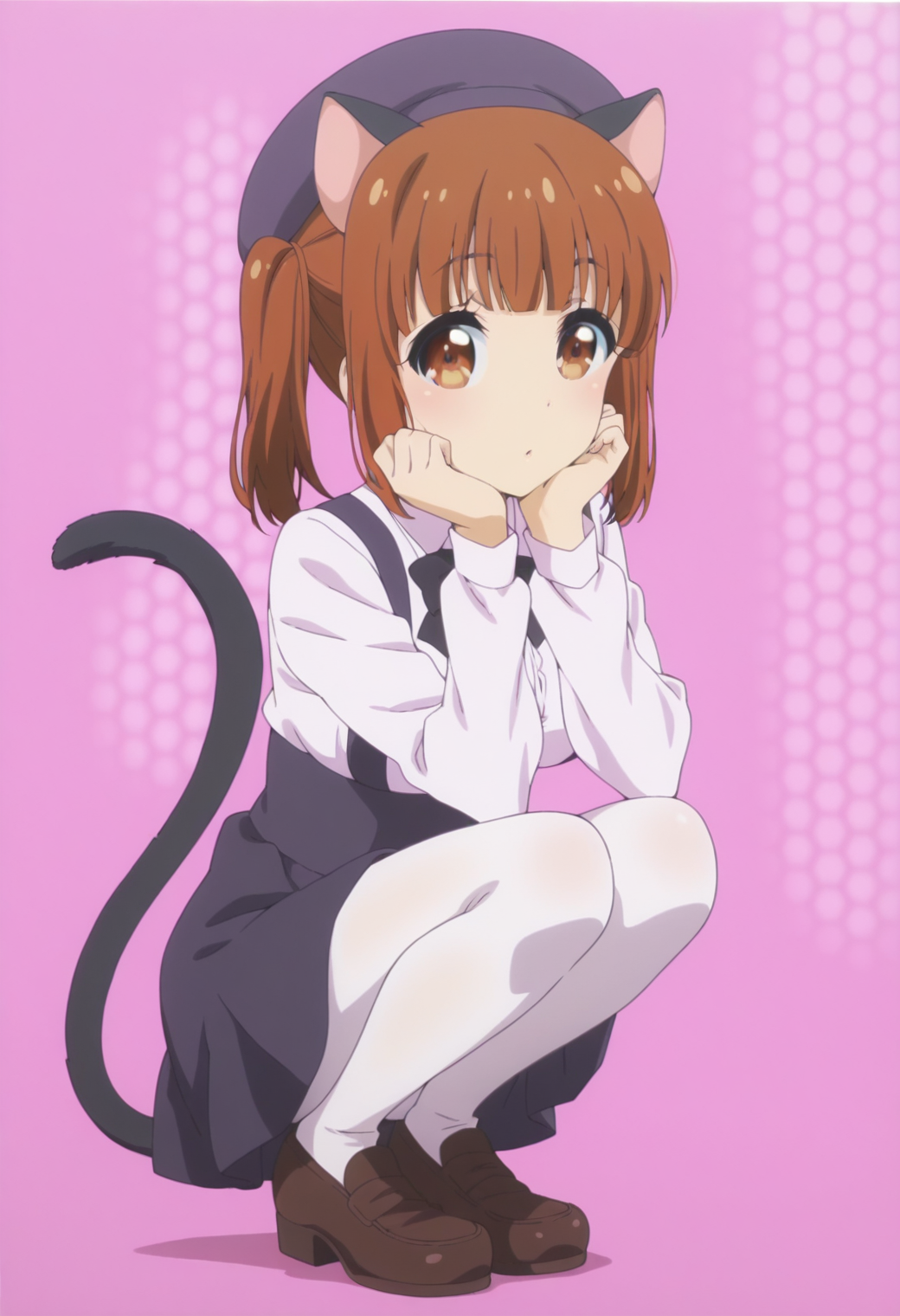 anime screencap, anime coloring,  <lora:DX888Yui:1> nekohime, brown eyes, brown hair, twintails, blunt bangs, cat ears, cat tail BREAK    beret, black skirt,  loafers, pantyhose, shirt, suspender skirt, collared shirt, black bowtie, white pantyhose, white shirt, long sleeves, BREAK simple background, pink background,   honeycomb background, BREAK     1girl, full body, hand on own face, looking at viewer, solo, squatting,