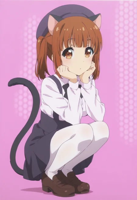 anime screencap, anime coloring,  <lora:DX888Yui:1> nekohime, brown eyes, brown hair, twintails, blunt bangs, cat ears, cat tail BREAK    beret, black skirt,  loafers, pantyhose, shirt, suspender skirt, collared shirt, black bowtie, white pantyhose, white shirt, long sleeves, BREAK simple background, pink background,   honeycomb background, BREAK     1girl, full body, hand on own face, looking at viewer, solo, squatting,