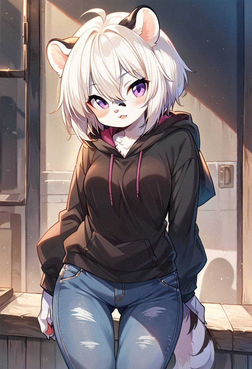 score_9, score_8_up, score_7_up, l3i_ph3, white hair, purple eyes, hoodie, jeans, source_furry, ntm,