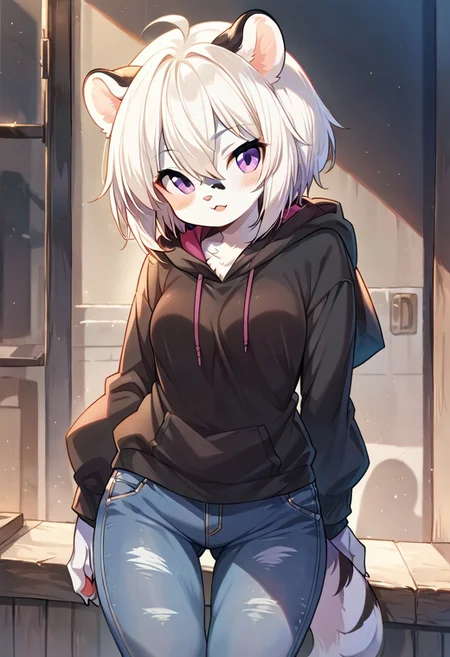score_9, score_8_up, score_7_up, l3i_ph3, white hair, purple eyes, hoodie, jeans, source_furry, ntm,