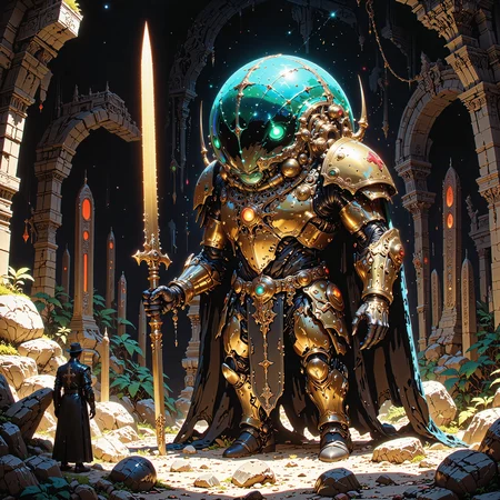 captivating and extraordinary scenery on a distant world, ultra-high-resolution, famous artwork inspired by johan christian dahl and april lee and alan pollack, high sci-fi style, the "brave fizzlerob" understands itself as the guardian of the much smaller "temporal etherchads," it is a memorable and fantastic creature that likes to decorate its metallic armor plates with mysterious etchings of worbleflanked zibberzang, the image shows it standing guard in an overgrown ruin filled with xorbled artifacts on planet "quirkhome viii," creature focus, very aesthetic, extremely detailed, ultra high resolution, 8k, 4k, harmonising colors, ovg, in the style of ck-ovf, digital illustration, <lora:image_upgrade-flux-by_zeronwo7829:0.6> <lora:style-oneviolentfantasy-ep21-flux-by_chronoknight:0.64> <lora:epic_gorgeous_details-balance-flux-by_flyway:0.64> <lora:style-moriimee-gothic_niji-flux-by_tentacles_riders:0.8>