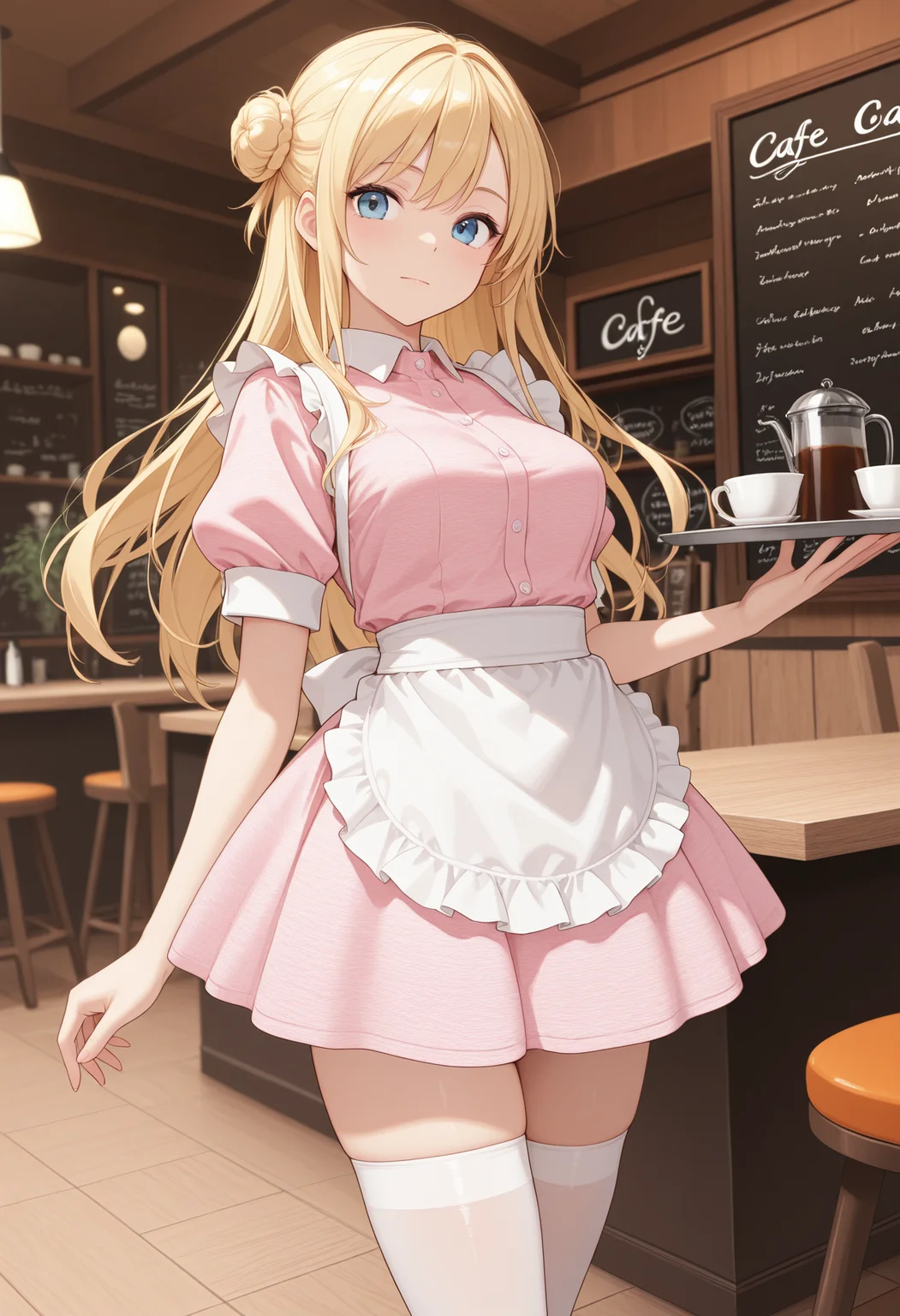masterpiece, best quality, high quality,
1girl, blonde hair, long hair,
patterned dress, waitress, pink dress, cafe,hair bun, thighhighs, tray, apron,
<lora:marl_texture_v0.4-illu10:1>