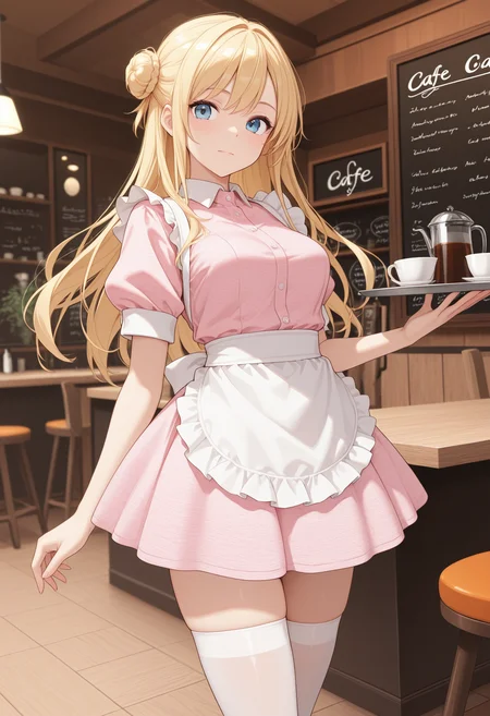masterpiece, best quality, high quality,
1girl, blonde hair, long hair, 
patterned dress, waitress, pink dress, cafe,hair bun, thighhighs, tray, apron,
<lora:marl_texture_v0.4-illu10:1>