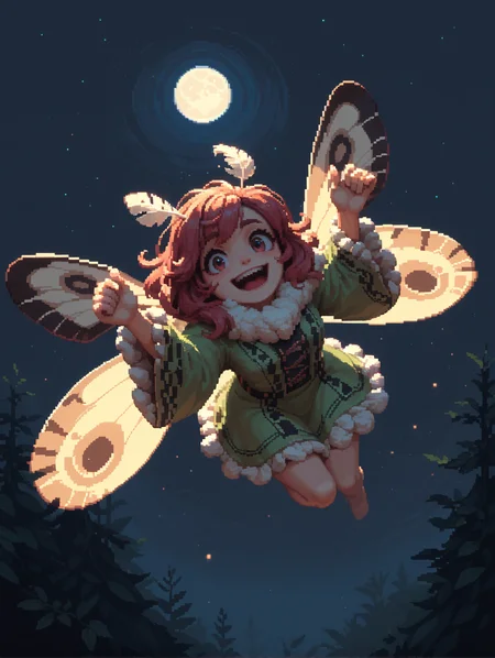 (score_9, score_8_up, score_7_up:1.1), score_6_up, score_5_up, score_4_up, source_cartoon, (semi-realistic, volumetric lighting, pixel_art:1.1), (1girl, cute moth girl:1.1), solo, flying, excited, happy, night sky, moon, from above, close up