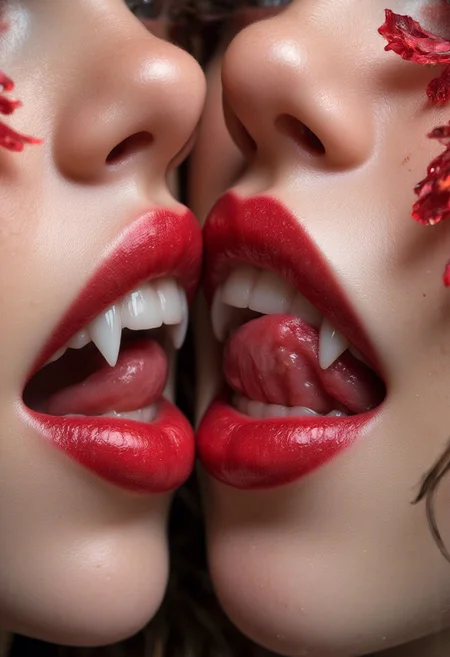 Midjourney_Whisper,A close-up of two woman's tongue kissing each other, two tongue intertwining. they have a very long demonic tongues. their tongue is long and forked like a snake. Her tongue is curly and are touching her plump lips, lip filler, vibrant red blood flowers and from the drawn contour, symbolizing beauty and growth. big lips, bimbo lips, The flowers are red like blood blending harmoniously with the natural lip color. Vampire teeth, vampire fangs, long fangs. The scene is highly detailed, with a focus on the soft texture of the lips and the rich. The background is softly blurred, drawing attention to the blooming effect around the lips.