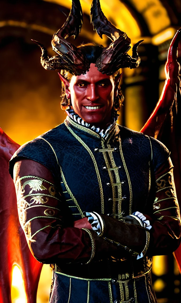 score_9, score_8_up, score_7_up, BREAK 1boy, solo, photorealistic, realistic, photo, film grain, male focus, short hair, black hair, orange eyes, black sclera, colored sclera, colored skin, red skin, demon boy, demon horns, multiple horns, demon wings, demon tail, standing, crossed arms, mature male, frills, formal, looking at viewer, BREAK dark, upper body, grin indoors, fantasy, raphael \(bg3\), <lora:bg3_raphael-000009:0.85>