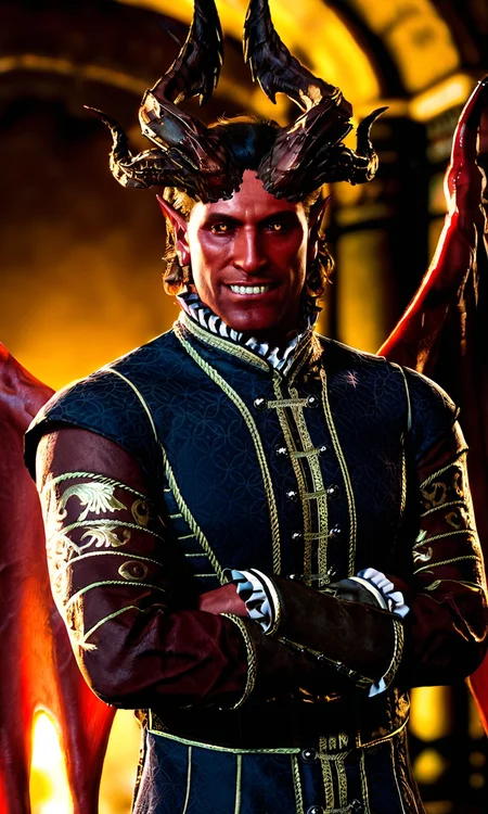 score_9, score_8_up, score_7_up, BREAK 1boy, solo, photorealistic, realistic, photo, film grain, male focus, short hair, black hair, orange eyes, black sclera, colored sclera, colored skin, red skin, demon boy, demon horns, multiple horns, demon wings, demon tail, standing, crossed arms, mature male, frills, formal, looking at viewer, BREAK dark, upper body, grin indoors, fantasy, raphael \(bg3\), <lora:bg3_raphael-000009:0.85>