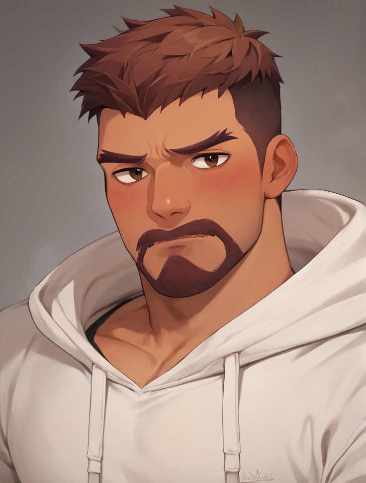 g_reyes, pecs, portrait, male, embarrassed, blush, looking at you, hoodie BREAK score_9, score_8_up, score_7_up, score_6_up, score_5_up, score_4_up <lora:owmale_12r:1>