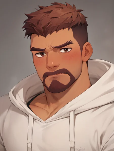 g_reyes, pecs, portrait, male, embarrassed, blush, looking at you, hoodie BREAK score_9, score_8_up, score_7_up, score_6_up, score_5_up, score_4_up <lora:owmale_12r:1>