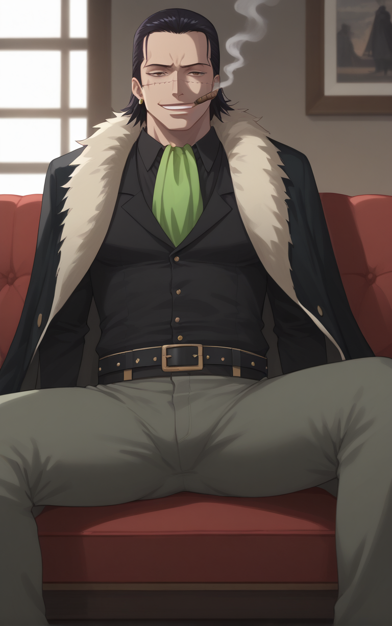 score_9, score_8_up, score_7_up, looking at viewer,  BREAK
MarineFord_Crocodile_ownwaifu, 
1boy, black eyes, black hair, hair slicked back, hook, male focus, scar on face, single earring, smoking, scar, jewelry, earrings, smile, stitches, teeth, short hair, long hair, cigarette, evil smile, 
black coat, black shirt, cigar, fur trim, green ascot, grey pants, fur coat, ascot, belt, pants, coat, coat on shoulders, shirt, cape, fur-trimmed coat, long sleeves, vest
(sitting, spread legs), arms behind back, couch, window shade, indoors, <lora:PONYXL_Pre_ONEPIECE_Crocodile_ownwaifu:0.95> , depth of field, solo, Interesting Image, Captivating Image,
