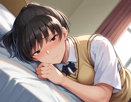 score_9, score_8_up, score_7_up, source_anime,
hibikitsukahara, <lora:hibiki-tsukahara-ponyxl-lora-nochekaiser:1>
hibiki tsukahara, black eyes, black hair, ponytail, narrow eyes, slanted eyes,
kibito high school uniform, school uniform, sweater vest,
indoors, bed, bed room, on side, blush, drunk,
looking at viewer, dutch angle, cowboy shot,