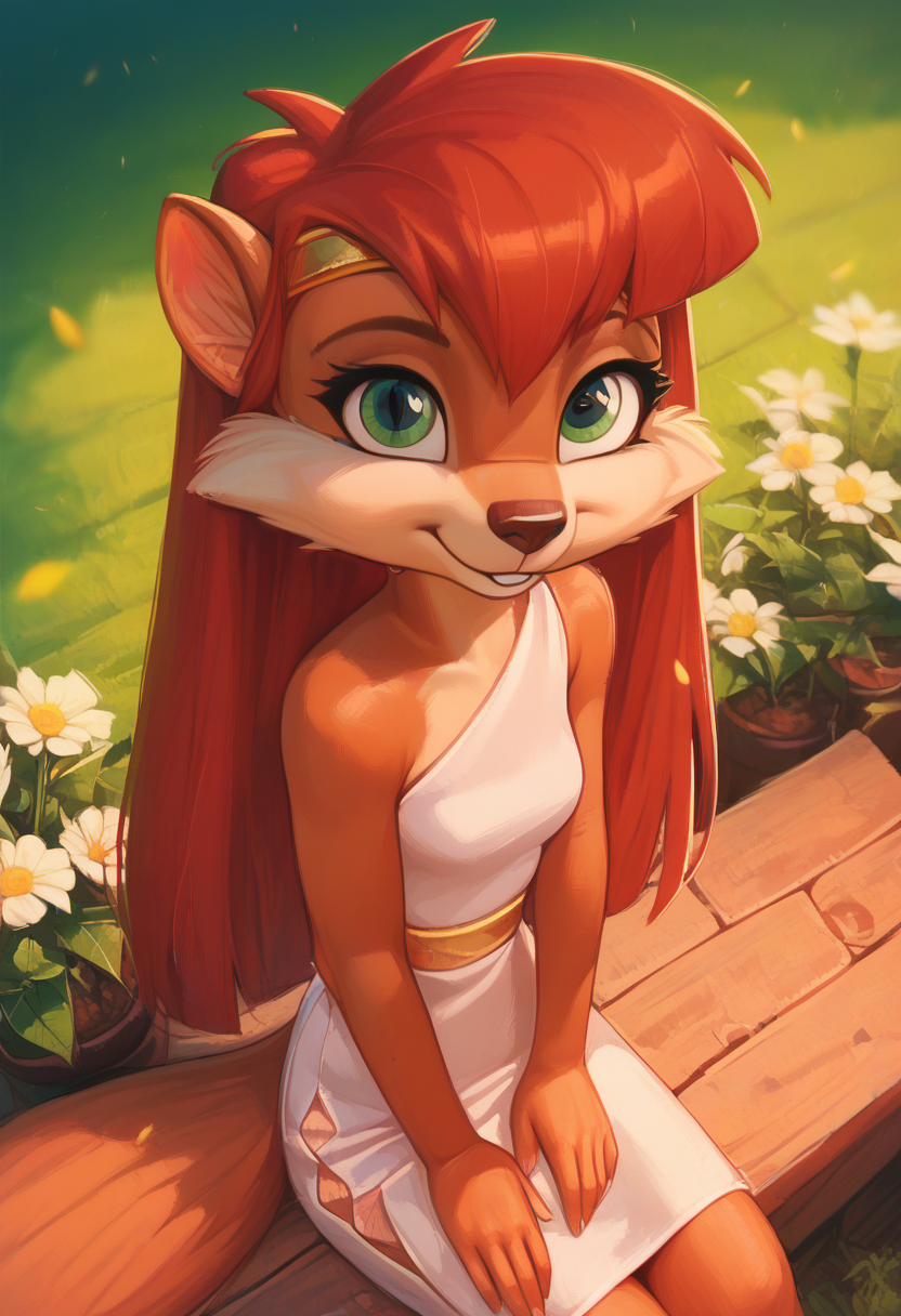 zPDXL, score_9_up, score_8_up,_7_up, score_6_up, score_5_up, score_4_up ,source_furry, best quality, amazing quality, blurry background, masterpiece, 1girl,  looking at viewer, solo, (cute, magic in the air, cute smile, adorable, super cute:1.2), outdoors, park, plants, (upper body,close, face focus, sitting, flowers around:1.4), breast, venus, red hair, squirrel, long hair, green eyes, squirrel tail, orange-white fur, dress, gold hairband, sandals, side slit, <lora:Venus:0.8>, pixelsketcher, <lora:pixelsketcher:1.2>, Expressiveh, good_hands, <lora:Expressive_H:0.8>, <lora:Detail_Slider_v1.4_iteration_3:4>, <lora:pony_good_hands:0.8>