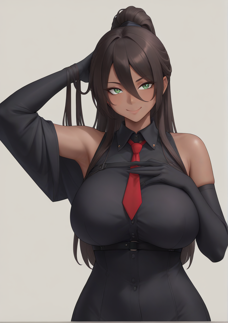 1girl, zone (hara kenshi), huge breast, arm up, armpits, beige background, black gloves, black shirt, brown hair, brown necktie, character name, chest harness, closed mouth, collared shirt, dark-skinned female, dark skin, elbow gloves, english text, framed, gloves, green eyes, harness, long hair, necktie, ponytail, shirt, sleeveless, sleeveless shirt, smile, solo, upper body, zPDXL3 <lora:Windovvs:0.7>