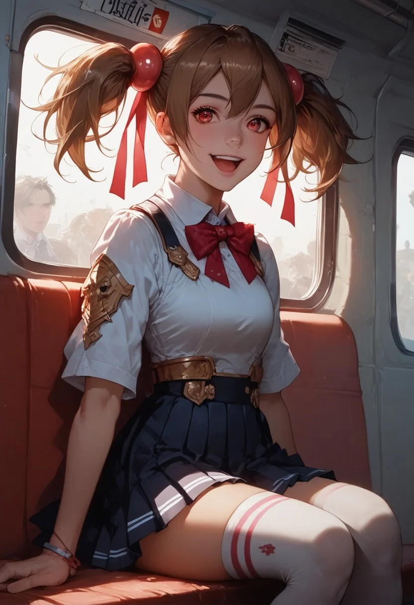 score_9, score_8_up, score_7_up, 1girl, silica, solo, skirt, brown hair, open mouth, red eyes, thighhighs, breastplate, twintails, white background, black skirt, pleated skirt, armor, smile, ribbon, bus station, bus stop, public place nighttime vibrant lighting, street lights, high contrast, dramatic shadows, highly detailed, detailed skin, depth of field, tilted angle, moody lighting, exy pose,professional lighting, perfect quality, high quality, photorealistic, sitting, (((supermodel))),((goddess))