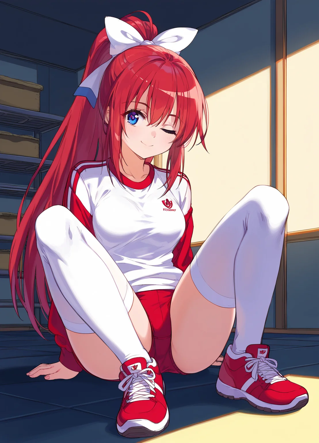 score_9, score_8_up, score_7_up, masterpiece, best quality, absurdres, official art, official style, anime screencap, megami magazine, zPDXL2, zPDXLxxx, <lora:Shiratori Mikoto (In'youchuu Chiroku ver) Pony v1_epoch_10:0.7>, 1girl, solo focus, shiratori_mikoto, large breasts, BREAK, (blue eyes:1.1), BREAK, red hair, long hair, ponytail, sidelocks, bangs, BREAK, hair ribbon, white ribbon with blueline, BREAK, gym uniform, (buruma:1.3), BREAK, (white thighhighs:1.2), BREAK, sneakers, BREAK <lora:neg4all_bdsqlsz_xl_V91:1.0> <lora:ALTXL_pony_0061_8:2.0>, <lora:detailed_hands-000002:1>, hand indoors, gym storeroom, sitting, dim lighting, light particles, one eye closed, smile, looking at viewer, A girl in a gym uniform sitting on the dusty, dimly lit floor of an untidy storage room. The room is located in the basement of a gymnasium, with exposed concrete walls and scattered equipment. The atmosphere is eerie and neglected, with only a faint light filtering through. The girl looks contemplative as she sits amidst the disarray.