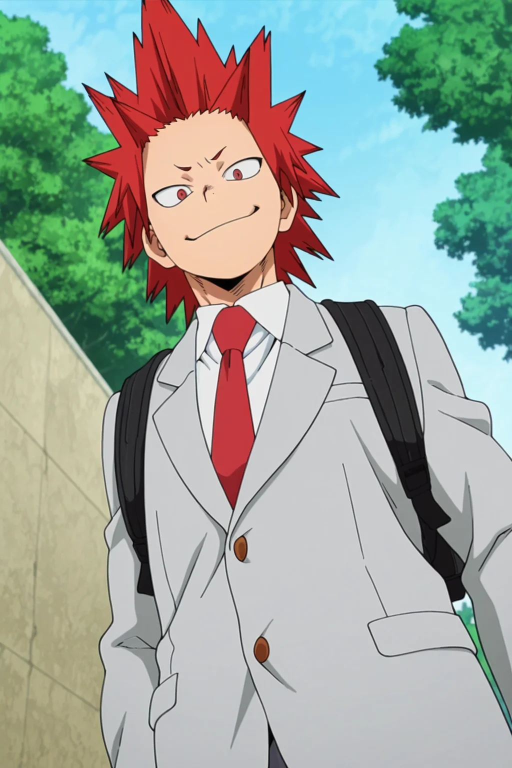 <lora:KiriIllustrious:0.8>, 1boy, solo, Kirishima Eijirou, Red hair, Spiked hair, Red eyes, school uniform, gray jacket, necktie, backpack, standing, from below, outdoors, looking at viewer, smug, smirk,official art, official style, anime screencap, masterpiece,best quality,amazing quality,