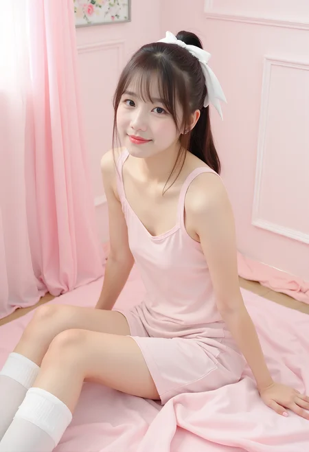 Photograph of a 18yo chinese woman posed in a gentle and serene manner, sitting on a pink, plush, sheet-covered surface. She wears a matching soft pink tank top and shorts, complemented by white knee-high socks and a white ribbon in her hair, tied in a ponytail. The background is adorned with pink drapes and delicate floral artwork, enhancing the pastel aesthetic. The lighting is soft, creating a dreamy and ethereal atmosphere. She is looking towards the camera with a subtle smile, exuding a calm and innocent expression. The overall composition of the image is bright and harmonious, emphasizing warmth and tenderness. <lora:snzx_xy_flux_lora_v1:0.5> <lora:April:0.5>