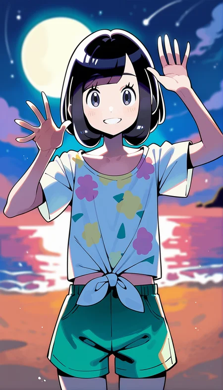 score_9,score_8_up,score_7_up,
highres,highly detailed,
(realistic:1.2),<lora:selene:0.8>,pm_selene,
1girl,solo,black hair,short hair,bangs,
grey eyes,looking at viewer,smile,
yellow short sleeves shirt,collarbone,tied shirt,green shorts,
cowboy shot,waving,
blurry background,vignetting,outdoors,beach,night,(starry sky:1.1),full moon,shooting star,light particles,glowing effect,