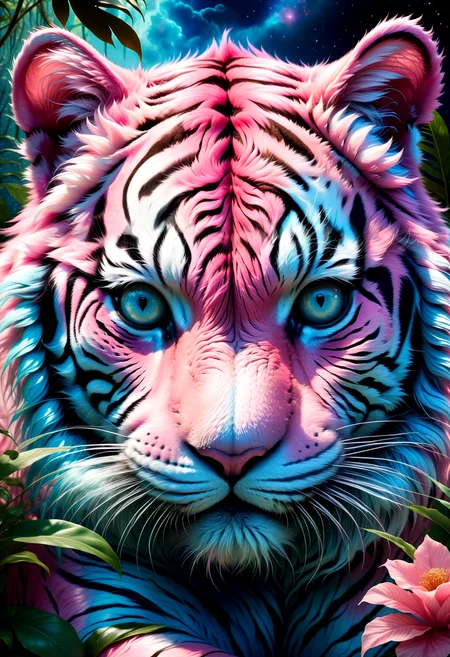 Highly detailed Dynamic shot of texture fur adorable pink and blue baby tiger, extremely detailed fur <lora:SDXLFaeTastic2400:0.8> High quality texture, intricate details, detailed texture, High quality shadow, Cinematic Light, Depth of field, light source contrast, cosmic jungle background filled with clouds, whimsical fantasy